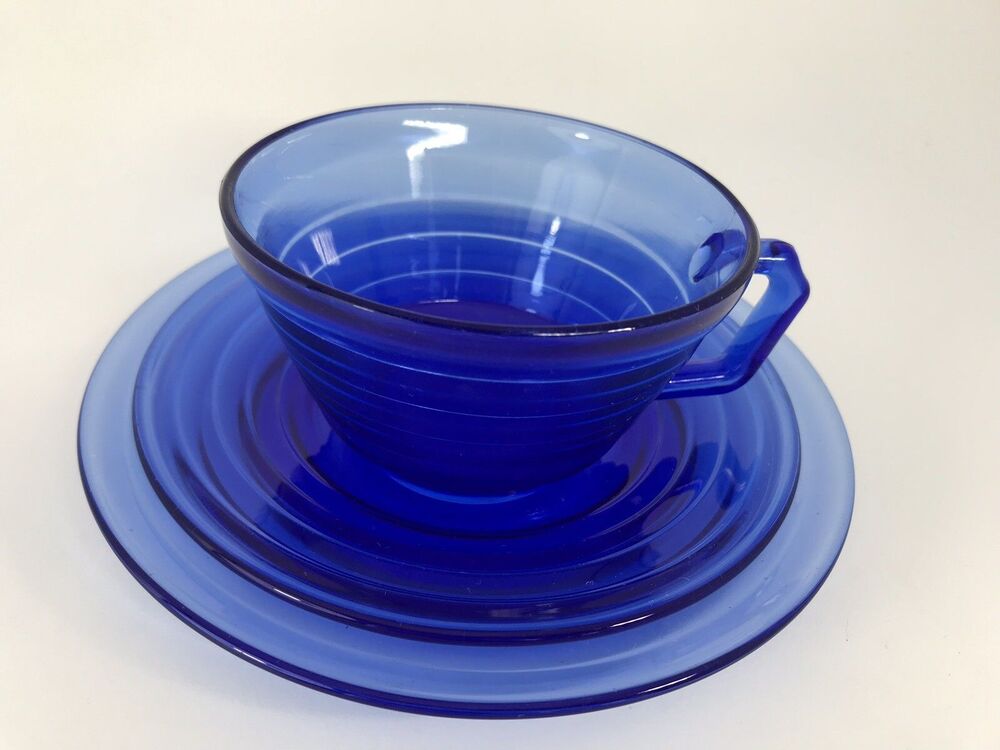 Vintage Hazel Atlas Moderntone Cobalt Blue Depression Glass Plate Cup & Saucer